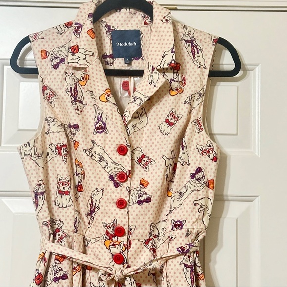 NWT Modcloth Cream Polka Dot Community Brunch Dogs Corgi Shirt Dress Size Large - Picture 3 of 6